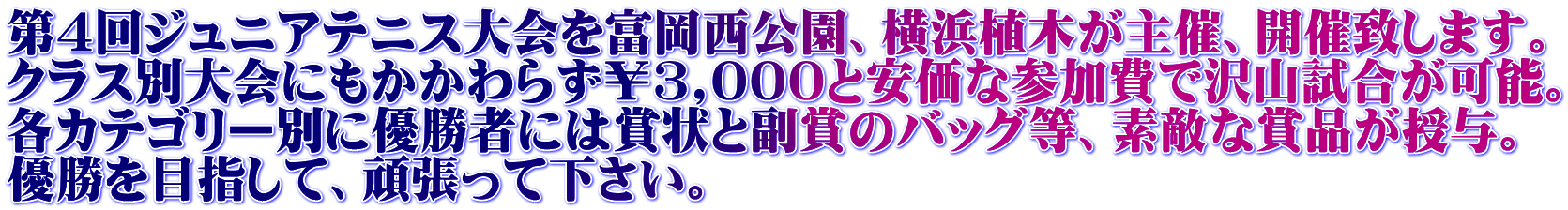 第4回ジュニアテニス大会を富岡西公園、横浜植木が主催、開催致します。 クラス別大会にもかかわらず￥3,000と安価な参加費で沢山試合が可能。 各カテゴリー別に優勝者には賞状と副賞のバッグ等、素敵な賞品が授与。 優勝を目指して、頑張って下さい。