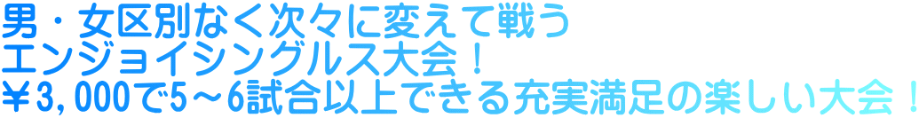 男・女区別なく次々に変えて戦う エンジョイシングルス大会！ ￥3,000で5～6試合以上できる充実満足の楽しい大会！