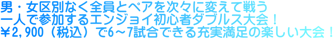 男・女区別なく全員とペアを次々に変えて戦う 一人で参加するエンジョイ初心者ダブルス大会！ ￥2,900（税込）で6～7試合できる充実満足の楽しい大会！