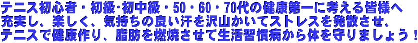 テニス初心者・初級･初中級・50・60・70代の健康第一に考える皆様へ 充実し、楽しく、気持ちの良い汗を沢山かいてストレスを発散させ、 テニスで健康作り、脂肪を燃焼させて生活習慣病から体を守りましょう！