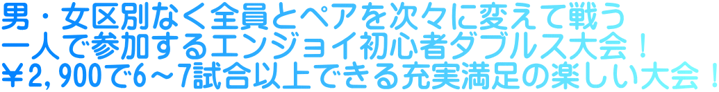 男・女区別なく全員とペアを次々に変えて戦う 一人で参加するエンジョイ初心者ダブルス大会！ ￥2,900で6～7試合以上できる充実満足の楽しい大会！