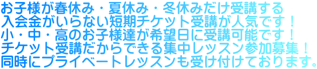 お子様が春休み・夏休み・冬休みだけ受講する 入会金がいらない短期チケット受講が人気です! 小・中・高のお子様達が希望日に受講可能です! チケット受講だからできる集中レッスン参加募集! 同時にプライベートレッスンも受け付けております。