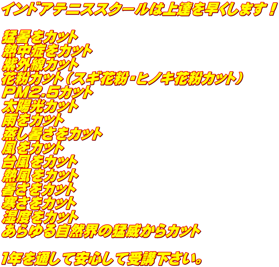 インドアテニススクールは上達を早くします! 猛暑をカット 熱中症をカット 紫外線カット 花粉カット(スギ花粉・ヒノキ花粉カット) PM2.5カット 太陽光カット 雨をカット 蒸し暑さをカット 風をカット 台風をカット 熱風をカット 暑さをカット 寒さをカット 湿度をカット あらゆる自然界の猛威からカット 1年を通して安心して受講下さい。