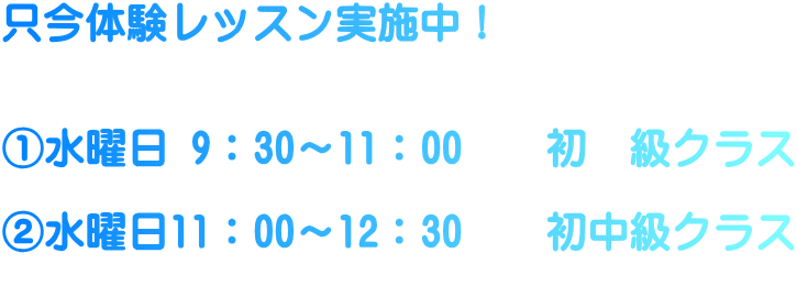 只今体験レッスン実施中！　   ①水曜日 9：30～11：00　　初　級クラス  ②水曜日11：00～12：30　　初中級クラス 