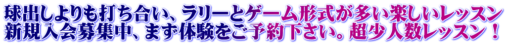 球出しよりも打ち合い、ラリーとゲーム形式が多い楽しいレッスン 新規入会募集中、まず体験をご予約下さい。超少人数レッスン！